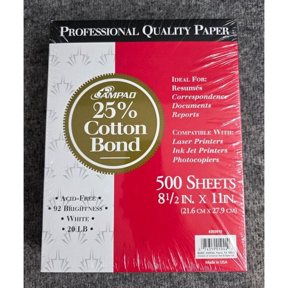 Ampad Professional Paper 25 Percent Cotton Bond 500 Sheets 8.5x11 White 20lb - Picture 1 of 4